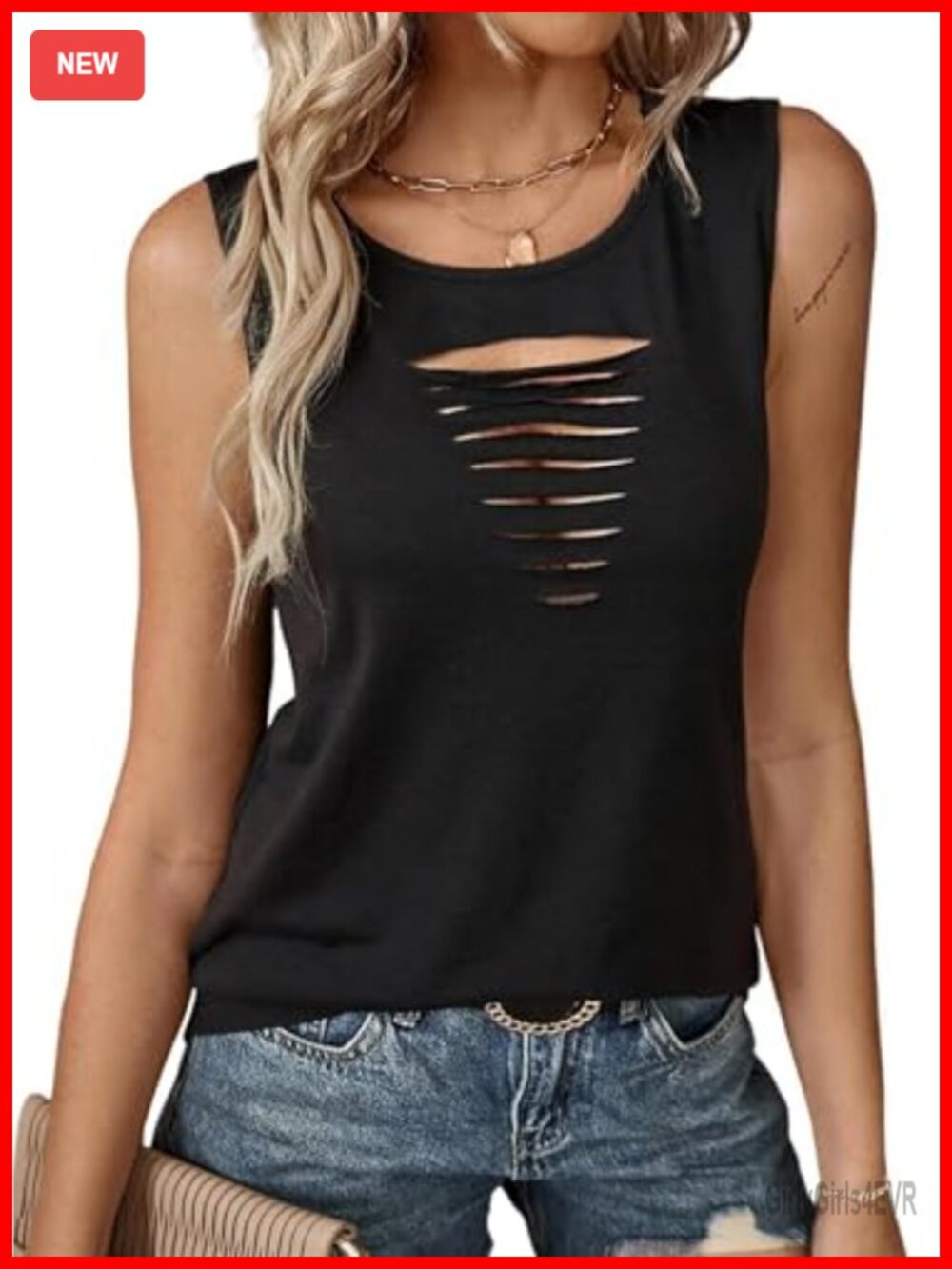 Remidoo Rock Concert Ripped Sleeveless Cut Out Crewneck Tank Top